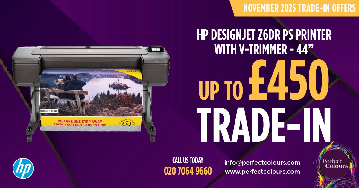 perfectcolours's tweet image. You&apos;ve still time to snag one of our November offers. 

Buy a new @HPUK DesignJet Z6DR PS  44&quot; printer with V-trimmer and you could trade in your old printer for up to £450. 

Call us now to get that order in - 020 7064 9660 

#wideformat #printer