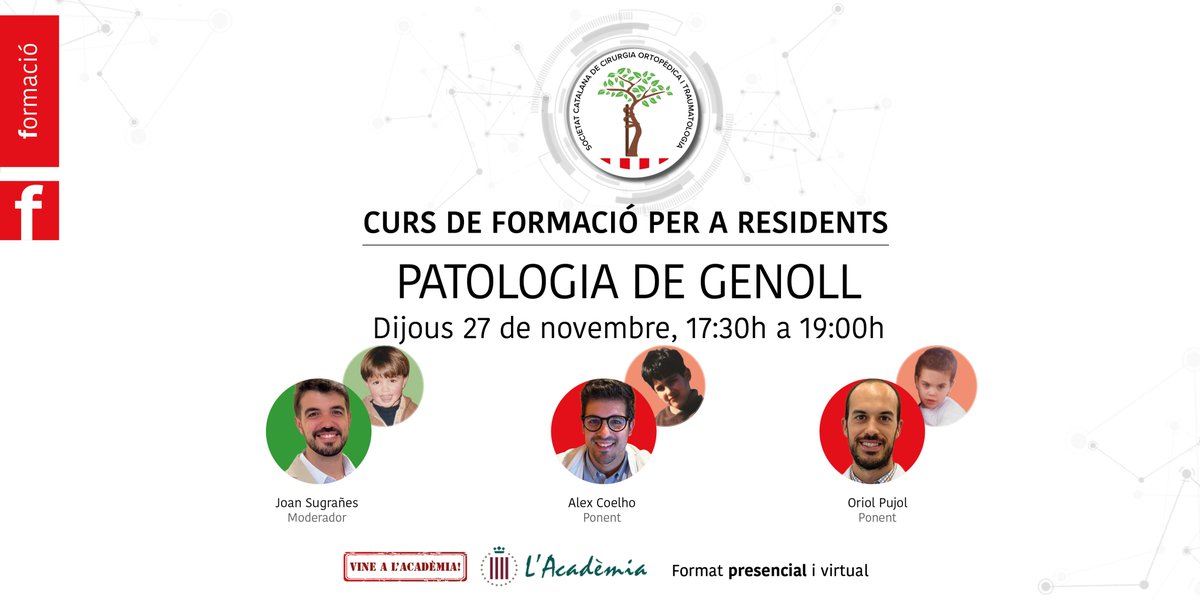sccot_cat's tweet image. 🚨 Aquest dijous, curs de formació per a residents de la SCCOT
 
👉 Patologia de genoll amb:

Dr. Sugrañes, moderador
Dr. Coelho, ponent
Dr. Pujol, ponent

🕠 De 17:30h a 19:00h
Vine a l&apos;Acadèmia o connecta&apos;t a:
interacsalut.webex.com/interacsalut/j…

#SCCOT #RESIDENTS #FORMACIO #COT