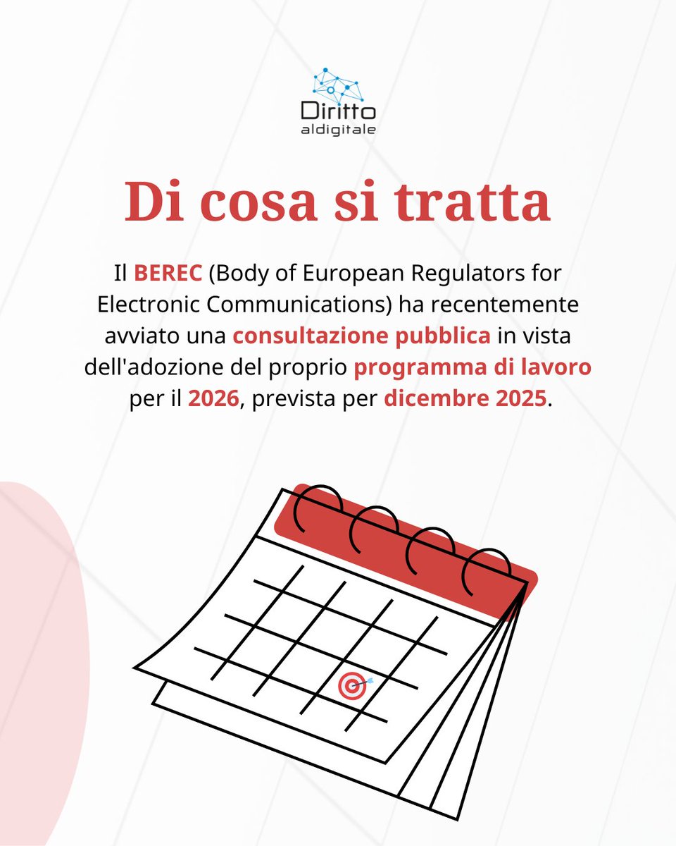 dirittodigitale's tweet photo. 🛜 Avvio di una consultazione pubblica del BEREC sul Draft Work Programme 2026

📌 Ne hanno discusso Massimo D'Andrea, Flaminia Perna e Matilde Losa di DLA Piper nell'articolo pubblicato su Diritto al Digitale

#BERECE #workprogramme #consultazionepubblica #dlapiper https://t.co/eTvUto1hdG