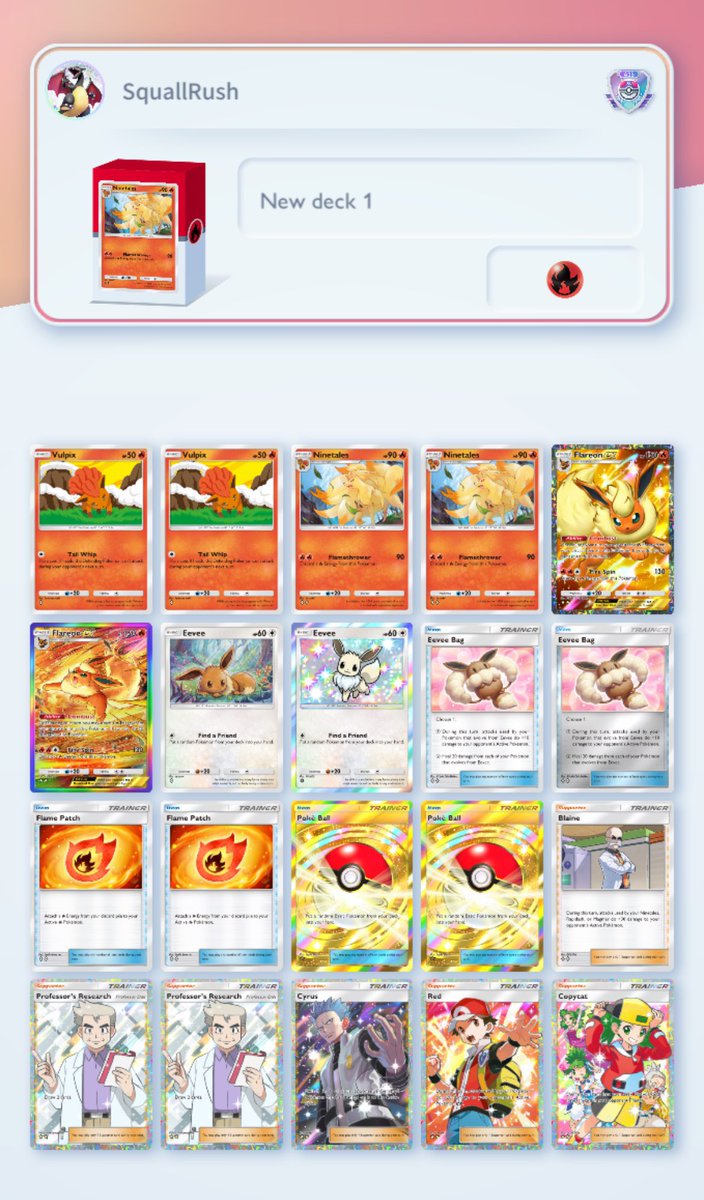 SquallxRush's tweet image. Someone on stream suggested a GA Ninetales deck. This is what I came up with, flame patch might be kinda broken, it makes fire decks pretty good now #PokemonTCGPocket