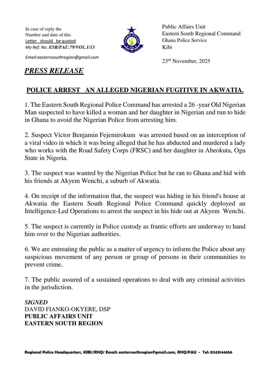 GhPoliceService's tweet image. PRESS RELEASE:

POLICE ARREST AN ALLEGED NIGERIAN FUGITIVE IN AKWATIA