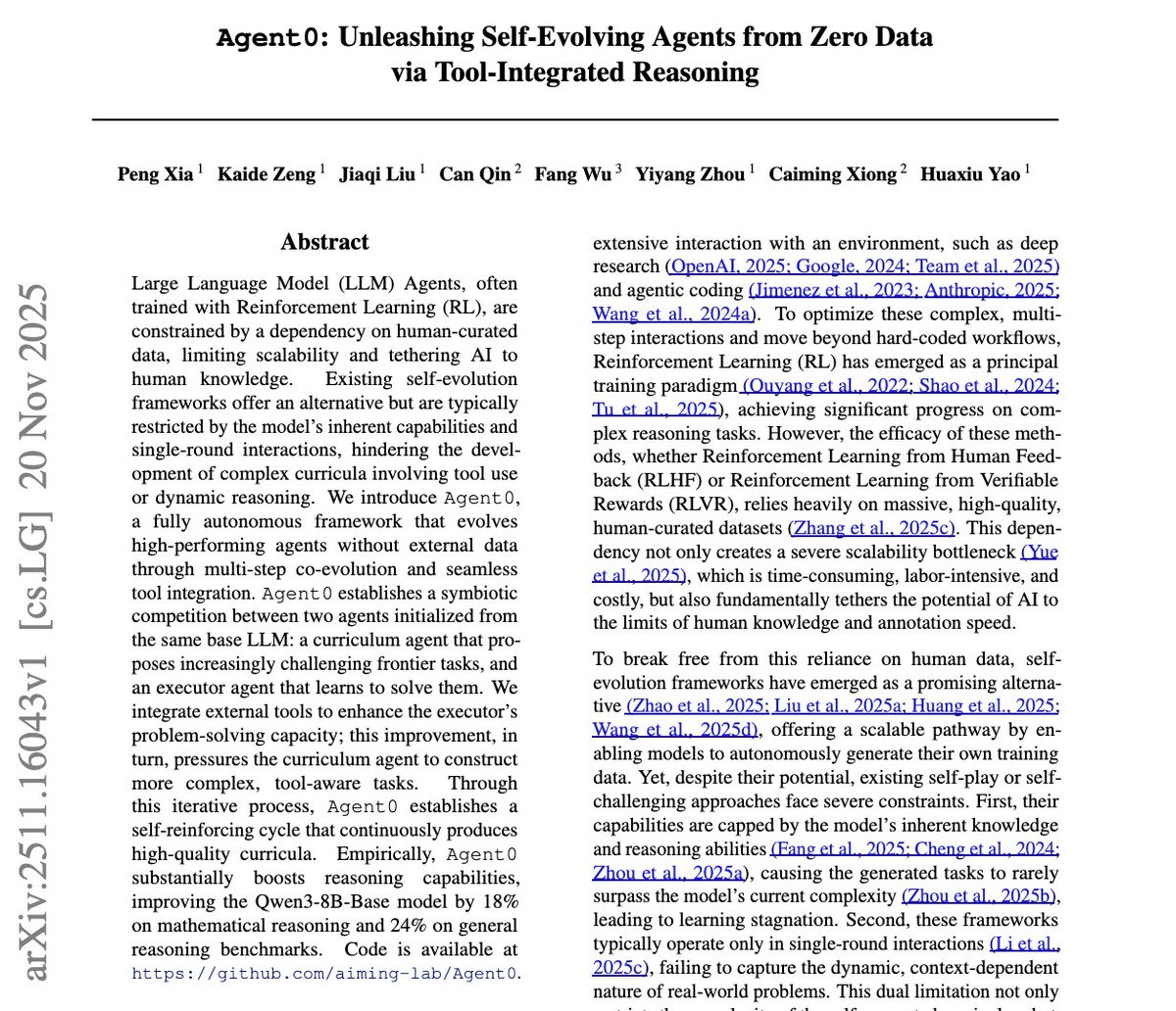This Stanford University paper just broke my brain.

They just built an AI agent framework that evolves from zero data no human labels, no curated tasks, no demonstrations and it somehow gets better than every existing self-play method.

It’s called Agent0: Unleashing