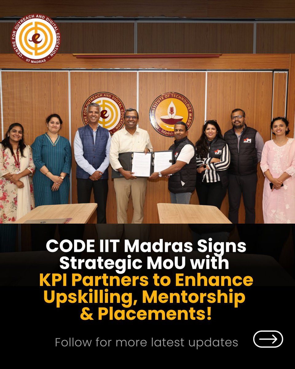 We are pleased to announce a strategic MoU between CODE IIT Madras and KPI Partners India Private Limited, deepening our commitment to enabling internship, apprenticeship, and placement opportunities for IIT Madras BS students.

Read more in thread below...