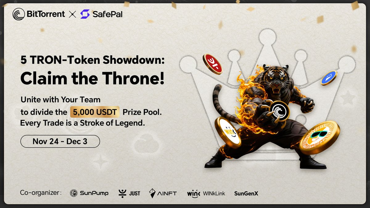 BitTorrent's tweet image. 📢 The TRON Eco Five-Team Showdown is now live.
Trade to support your team and compete for a share of the 5,000 USDT prize pool.

How to Participate:
 ▫️ Trade $BTT, $SUN, $NFT, $JST, or $WIN on Sun.io Nov 24 – Dec 3 (SGT)
 ▫️ Each trade in a given token…