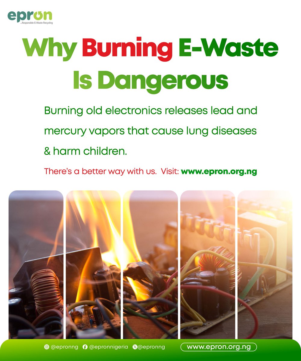 EpronNg's tweet photo. Many people still burn old electronics without knowing how dangerous it is.
When e-waste is burned, it releases toxic lead and other harmful vapors. These chemicals pollute the air and put children at serious risk.
Recycle with Epron
Visit: https://t.co/PKI7npjGMD
#EPRON https://t.co/qNjzOarhb7