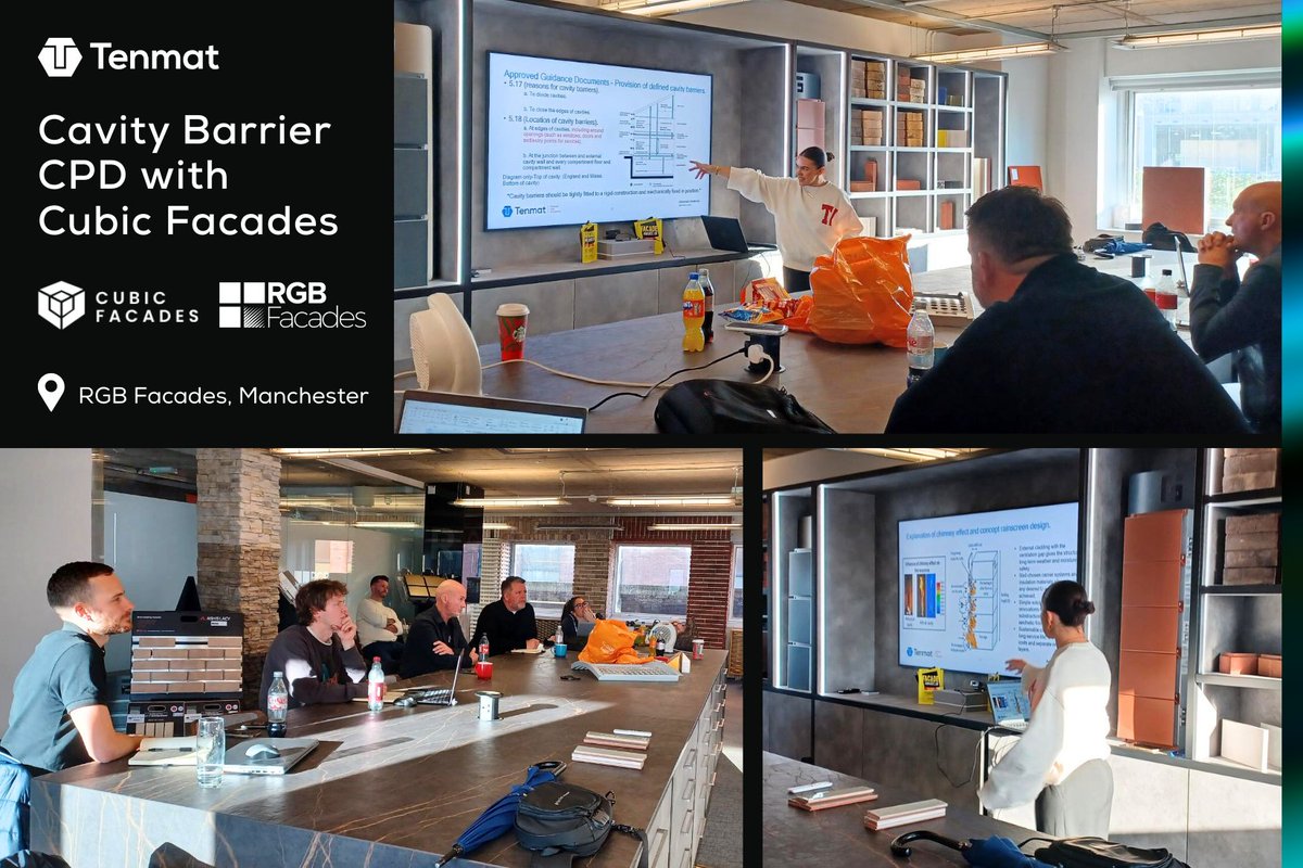 TENMATltd's tweet image. Great to host a CPD session at RGB Facades’ showroom in Manchester last week with Grant Barlow &amp;amp; Emily Naylor! 👏
Huge thanks to Cubic for your engagement—and to @rgb_facades for providing the space.

#CPD #FireProtection #Collaboration #CubicFacades #RGBFacades