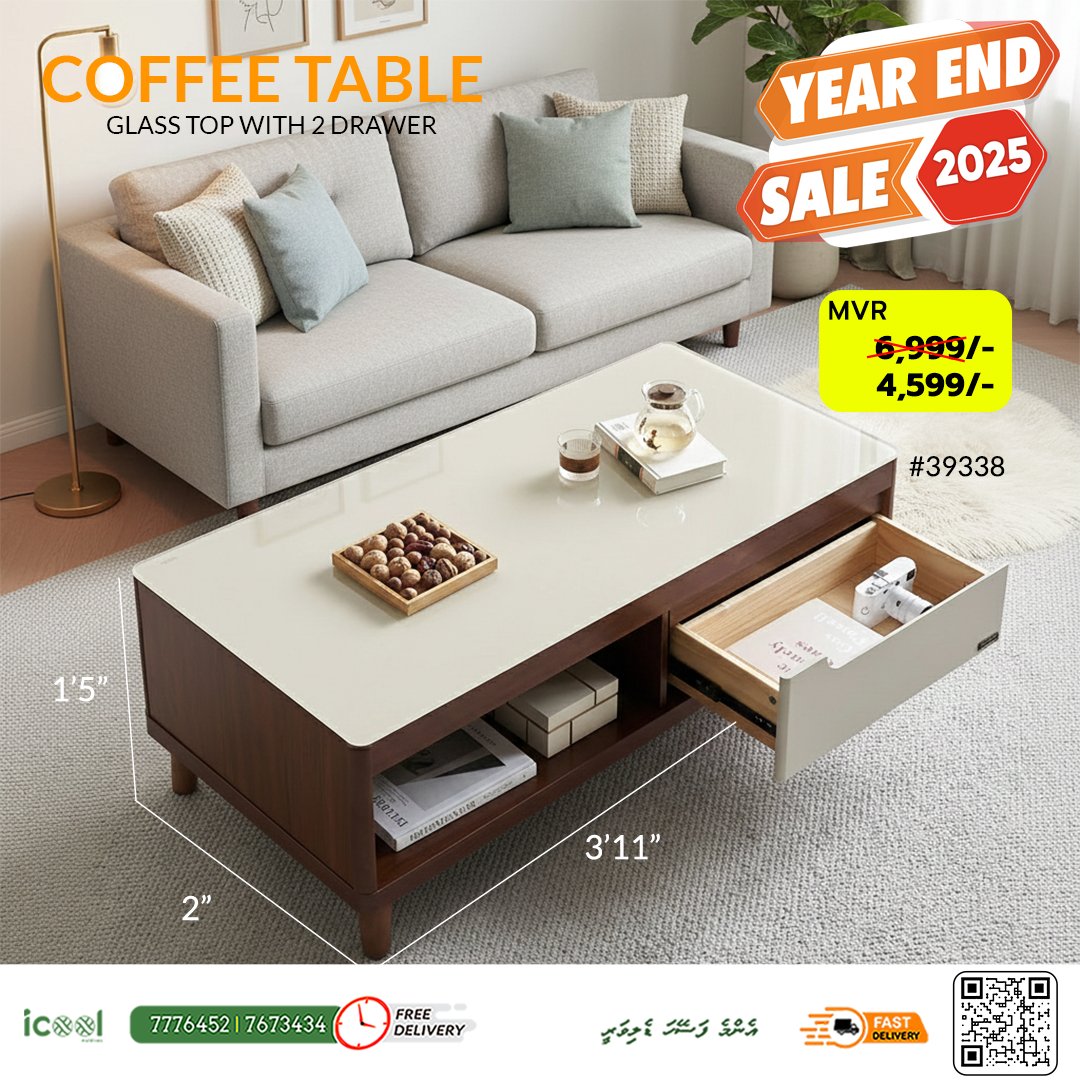 IcoolMaldives's tweet image. Sleek design meets smart storage ✨
This Glass-Top Coffee Table with 2 Drawers adds a modern touch while keeping your essentials perfectly organized.
#CoffeeTable #GlassTop #ModernLiving #SmartStorage