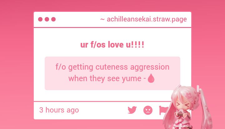 achilleansekai's tweet photo. 🎭  ·  anon  🩸  prompt

    “ f/o  getting  cuteness  agression  when  they  see  yume ” https://t.co/CwfgiD0IOE