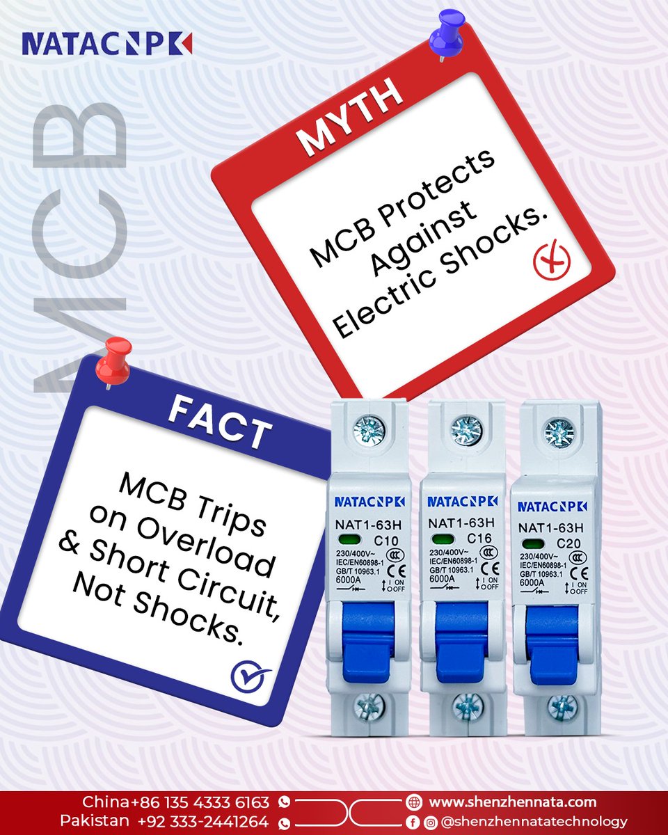 ShenzhenNata's tweet image. 𝐌𝐘𝐓𝐇 𝐯𝐬 𝐅𝐀𝐂𝐓 ⚡

MCB trips aren’t a failure they’re a lifesaver.
They protect your wiring, appliances, and home from overloads and short circuits.
🌐 Shenzhennata.com
.
#ShenzhenNataTechnology #MCB #SafetyFirst #ElectricalSafety #CircuitBreaker #PowerProtection