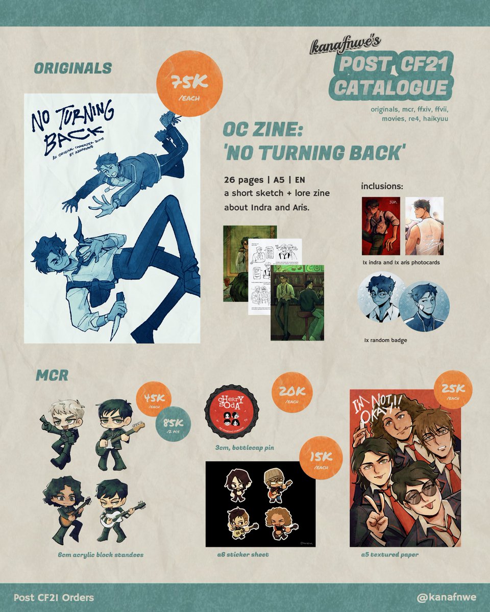makaIaure's tweet image. [shares appreciated!]  

post cf21 orders are now open! 

📅 24 nov - 2 dec
💌mail orders (jne)
💝oc zine, ffxiv, ff7, mcr, dragon age, haikyuu, re4, tolkien, movies, wol trades    
🔗forms.gle/mw1nNbiVKTAvjz…

#comifuro21 #cf21catalogue