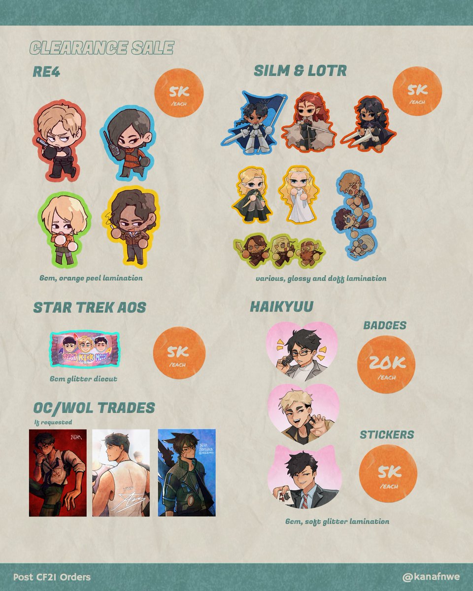 makaIaure's tweet image. [shares appreciated!]  

post cf21 orders are now open! 

📅 24 nov - 2 dec
💌mail orders (jne)
💝oc zine, ffxiv, ff7, mcr, dragon age, haikyuu, re4, tolkien, movies, wol trades    
🔗forms.gle/mw1nNbiVKTAvjz…

#comifuro21 #cf21catalogue