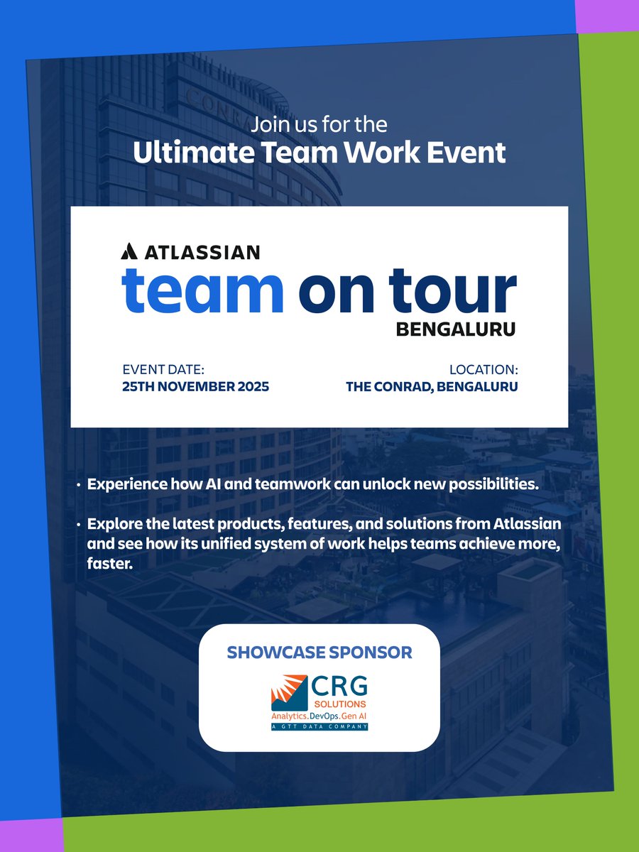 CRGSolutionsIND's tweet image. Kicking off Atlassian ToT in Bengaluru with an action-packed lineup today’s partner event, tomorrow’s Team On Tour sessions, a deep-dive boot camp. It’s a full day of learning at Conrad Bengaluru, exploring how Atlassian’s AI-powered work tools are transforming  teams collaborate