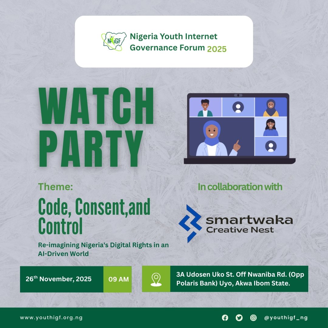 Partner Hub Alert!

Smartwaka Creative Nest in Uyo, Akwa Ibom, will serve as an official NYIGF 2025 Partner Hub!

If you can’t make it to Abuja, just show up at the hub, at 3A Udosen Uko Street, Off Nwaniba Road and connect with others, live!

Register: ti.to/nyigf/2025