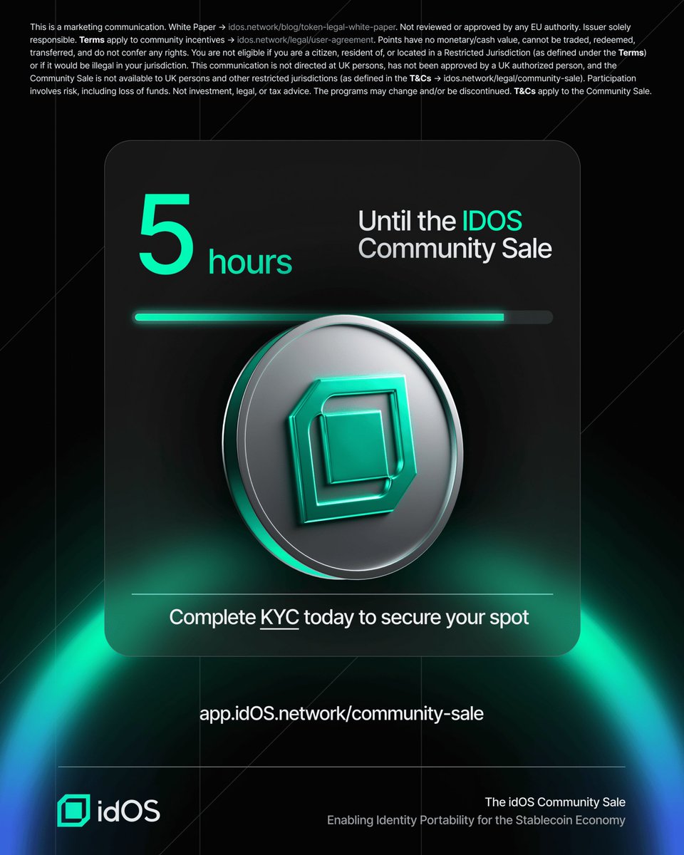 fl0ww7's tweet image. IT’S SO CALM!!!
The @idOS_network Community Sale starts in less than 5h
Complete KYC now to secure your spot!
app.idos.network/?ref=6FF63586
SO EXCITED ABOUT THIS!!

How to participate:
1️⃣ Today: Go to app.idOS.network/community-sale on a desktop (computer) browser, complete KYC Basic &amp;amp; share…