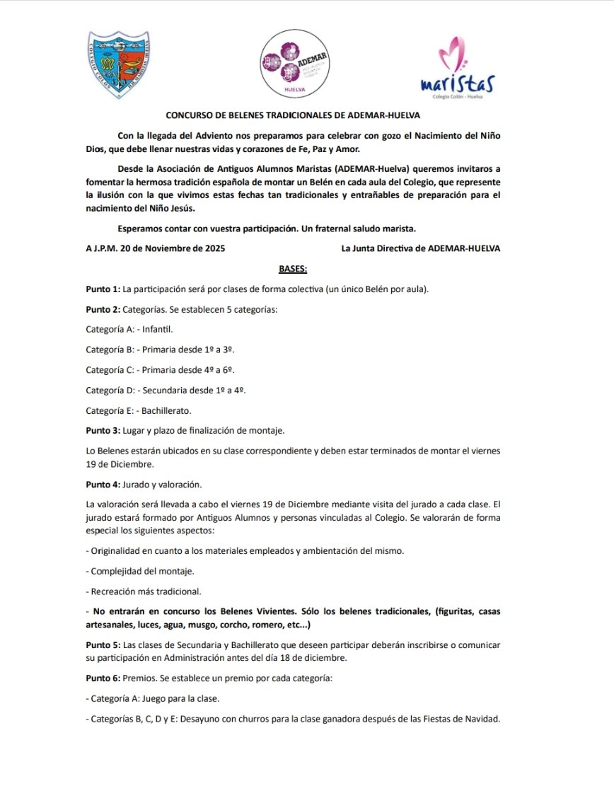 📝 Vuelve el CONCURSO DE BELENES tradicionales de #Ademar <a href="/MaristasHuelva/">Maristas🧡Huelva</a>  ✝️

📌 El viernes 1️⃣8️⃣ de diciembre el jurado pasará por cada una de las clases que participen en el certamen.

 🏅El premio: desayuno con churros para cada grupo ganador, en las distintas categorías.