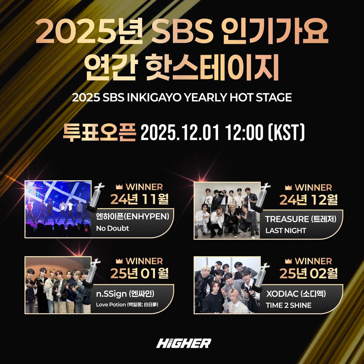 HIGHER_twt's tweet image. 🏆 2025 SBS 인기가요 연간 핫스테이지 후보 공개! 🏆

월간 핫스테이지 1위 아티스트만 가능한, 올해의 단 하나!
최정상의 무대를 결정할 단 한 번의 대결이 시작됩니다.

2024년 11월부터 2025년 10월까지—
월간 핫스테이지로 선정된 12개의 레전드 무대 중,
🔥 2025 올해의 핫스테이지 1위의…