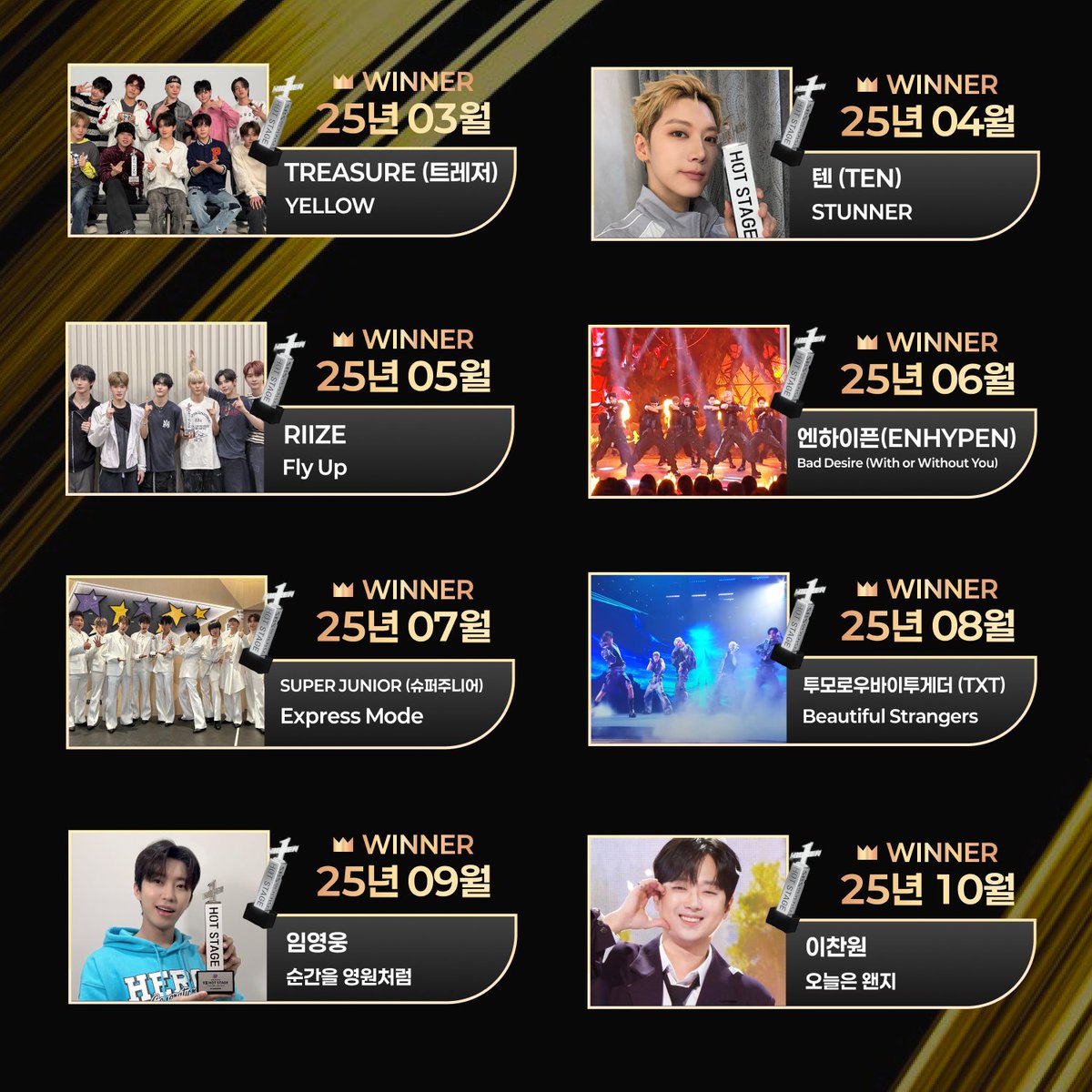 🏆 2025 SBS 인기가요 연간 핫스테이지 후보 공개! 🏆

월간 핫스테이지 1위 아티스트만 가능한, 올해의 단 하나!
최정상의 무대를 결정할 단 한 번의 대결이 시작됩니다.

2024년 11월부터 2025년 10월까지—
월간 핫스테이지로 선정된 12개의 레전드 무대 중,
🔥 2025 올해의 핫스테이지 1위의