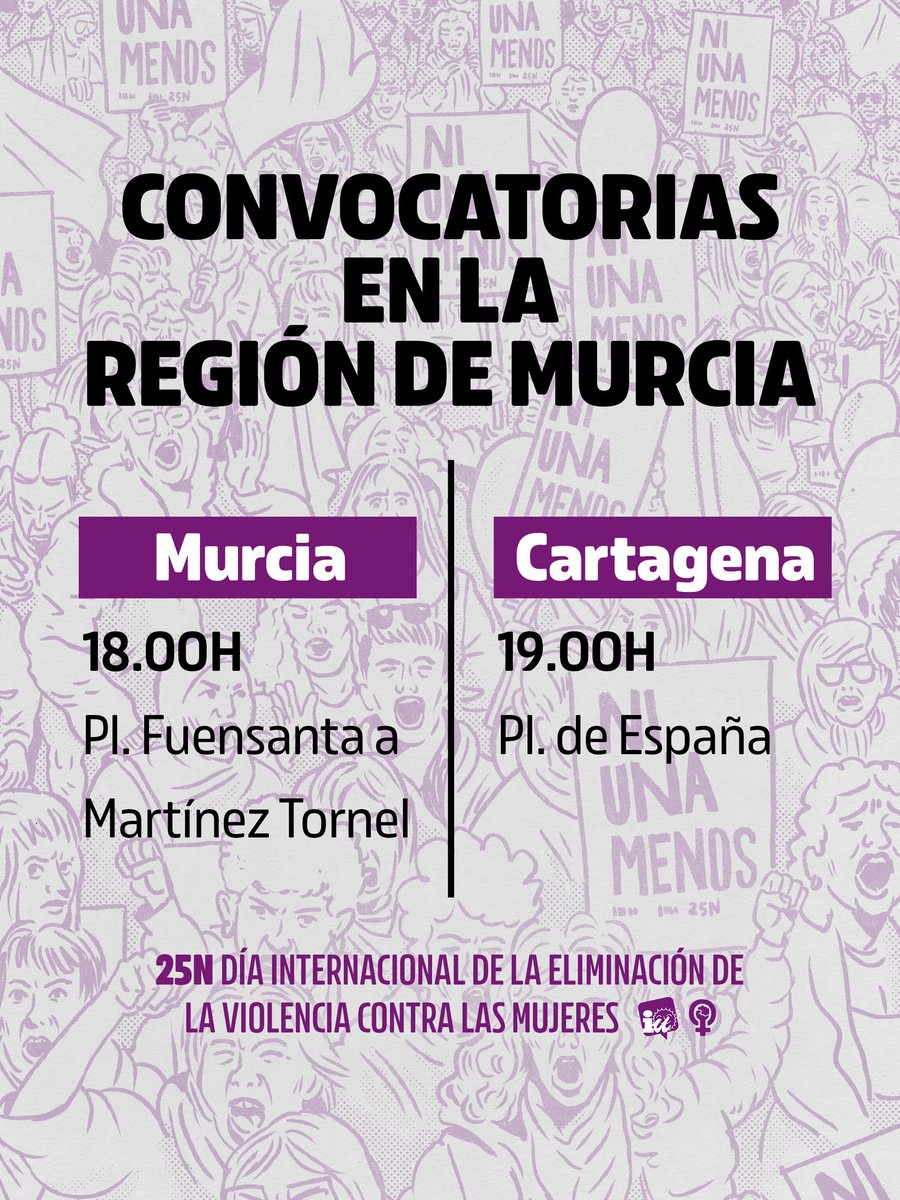 ✊ Este #25N decimos: nuestros cuerpos no están hechos para sus violencias.

📍 Murcia: 18:00 h | Pl. Fuensanta a Martínez Tornel
📍 Cartagena: 19:00 h | Pl. de España

📌 Lee el manifiesto completo a través de IUVerdes.es