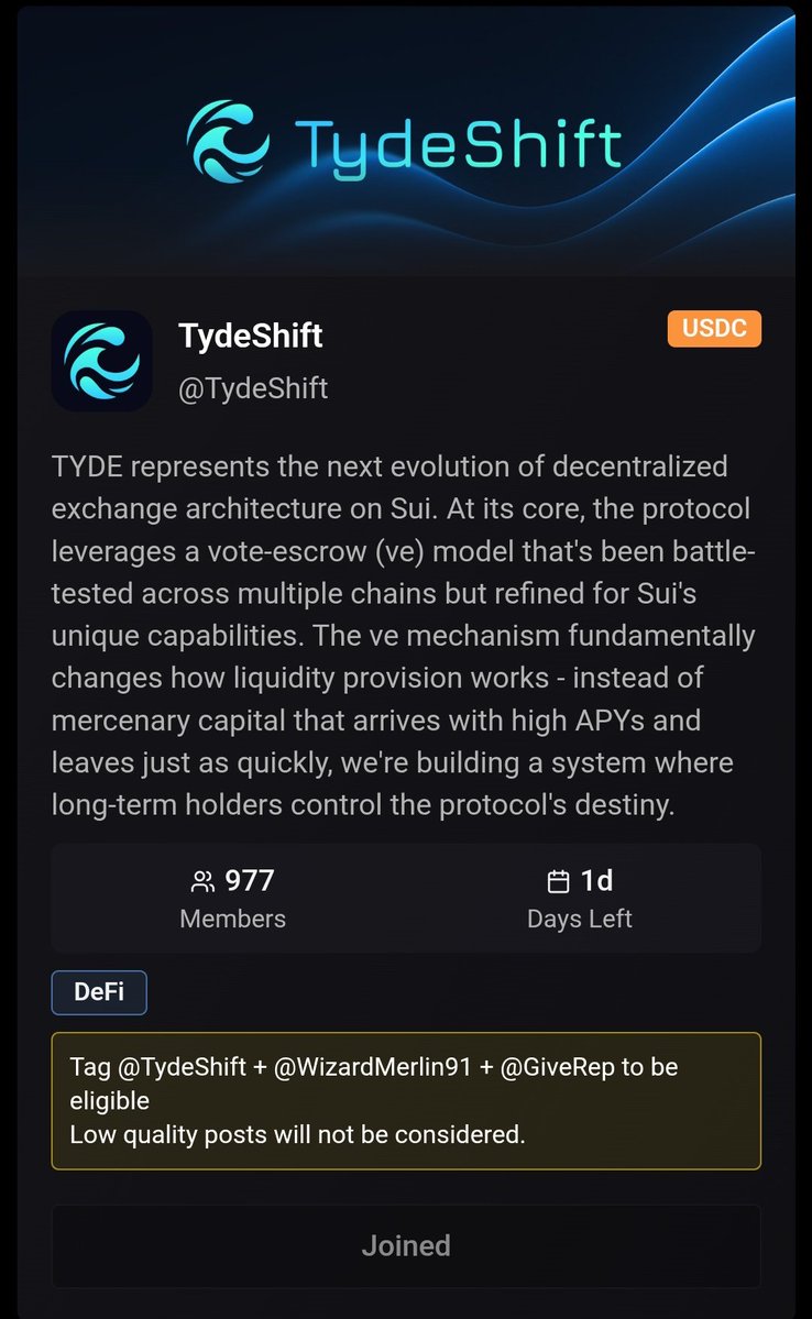 Only 1 day left for the TydeShift campaign on <a href="/GiveRep/">GiveRep</a>. TydeShift is reshaping DeFi on Sui with a ve-model focused on long-term holders and sustainable liquidity. If you haven’t joined yet, this is your moment to back a project building real impact.
<a href="/TydeShift/">TydeShift SUI</a> <a href="/WizardMerlin91/">Merlin.sui</a> 🚀