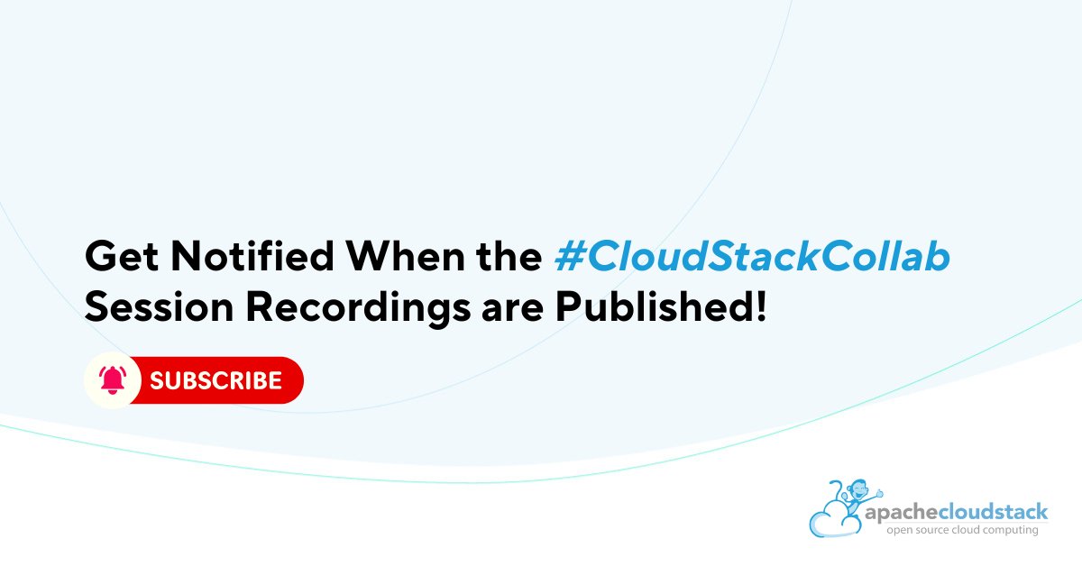 CloudStack's tweet image. While the #CloudStackCollab event team prepares this year’s session recordings, make sure you subscribe to the official Apache #CloudStack YouTube channel and tap the bell icon, so you’re notified as soon as they go live!

👉 apachecloudstack.short.gy/tccZkw