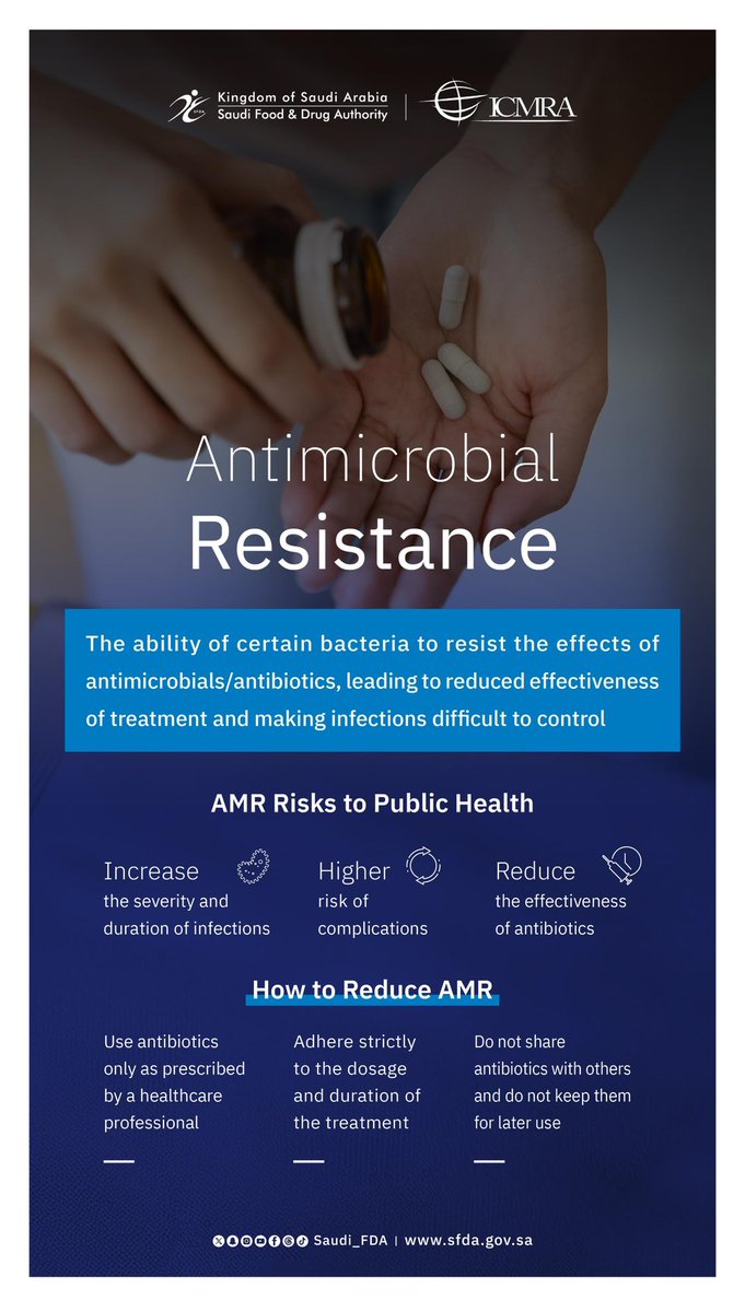 Saudi_fda_en's tweet image. Completing the full duration of the treatment helps eliminate bacteria and prevents Antimicrobial Resistance (AMR).

#SFDA 
#WorldAMRAwarenessWeek