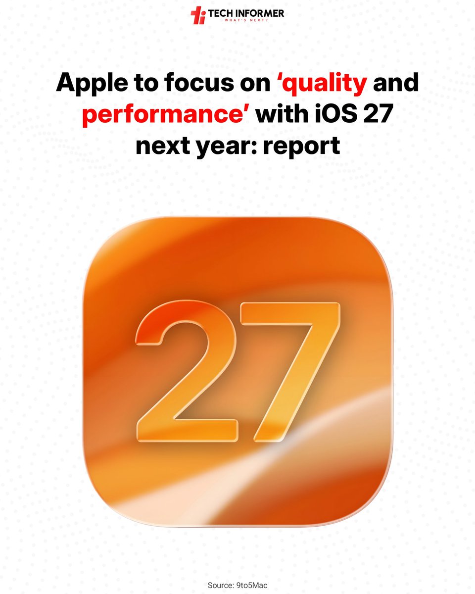 Tech_Informer_'s tweet image. Apple is now focusing on building iOS 27 for next year, with plans to improve performance, quality, and AI features, says a new report.

#Techinformer #iOS27 #Apple #iOS