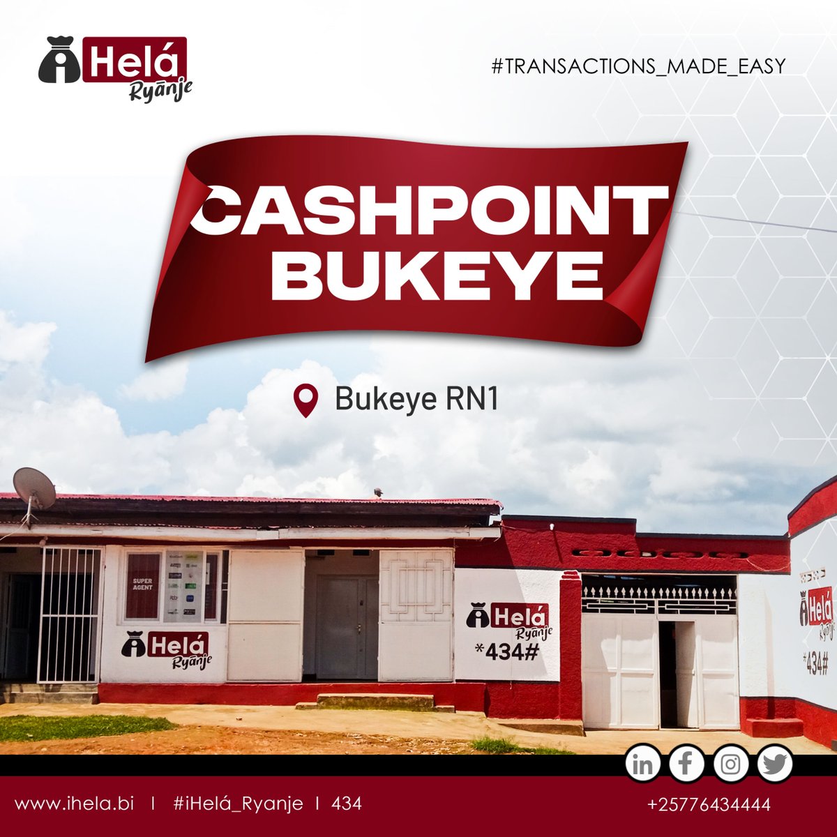 Chers clients ! 🎉

Un Cashpoint Super Agent vient d'etre ouvert au chef-lieu de la zone Bukeye, sur la Route Nationale numéro 1 (RN1). 🏦🛣

Plus besoin de voyager : effectuez vos dépôts et retraits à proximité. ⚡🤝