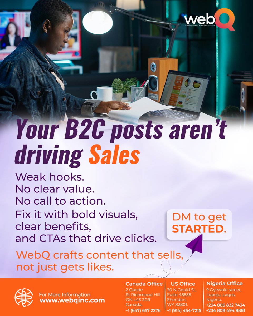 WEBQInc's tweet image. Engaging posts get attention, but conversion comes from clarity, value, and CTA. WebQ ensures your B2C content stops the scroll and drives sales.  

#B2CMarketing #ContentThatConverts #WebQResults #SocialMediaStrategy