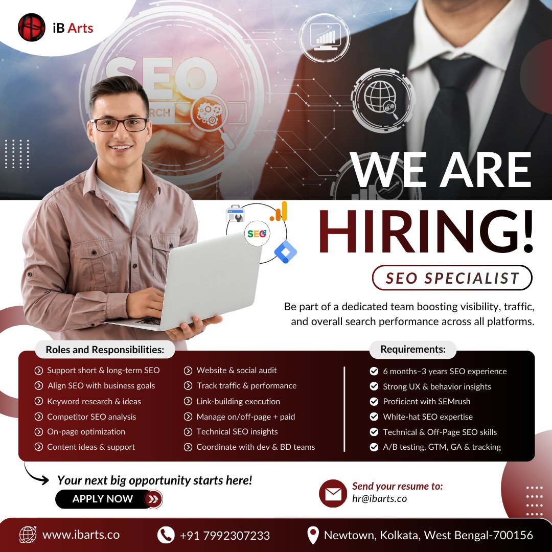 ib_arts_pvt_ltd's tweet image. 🚀 Step into a role that shapes digital success!

Join iB Arts as our next SEO Specialist and help brands rise to the top.
📍 New Town, Kolkata
💼 Full-time | In-office

📲 Apply Now: bit.ly/48bReHk
📩 Send Your Resume: hr@ibarts.co

#iBArts #wearehiringnow #HiringNow