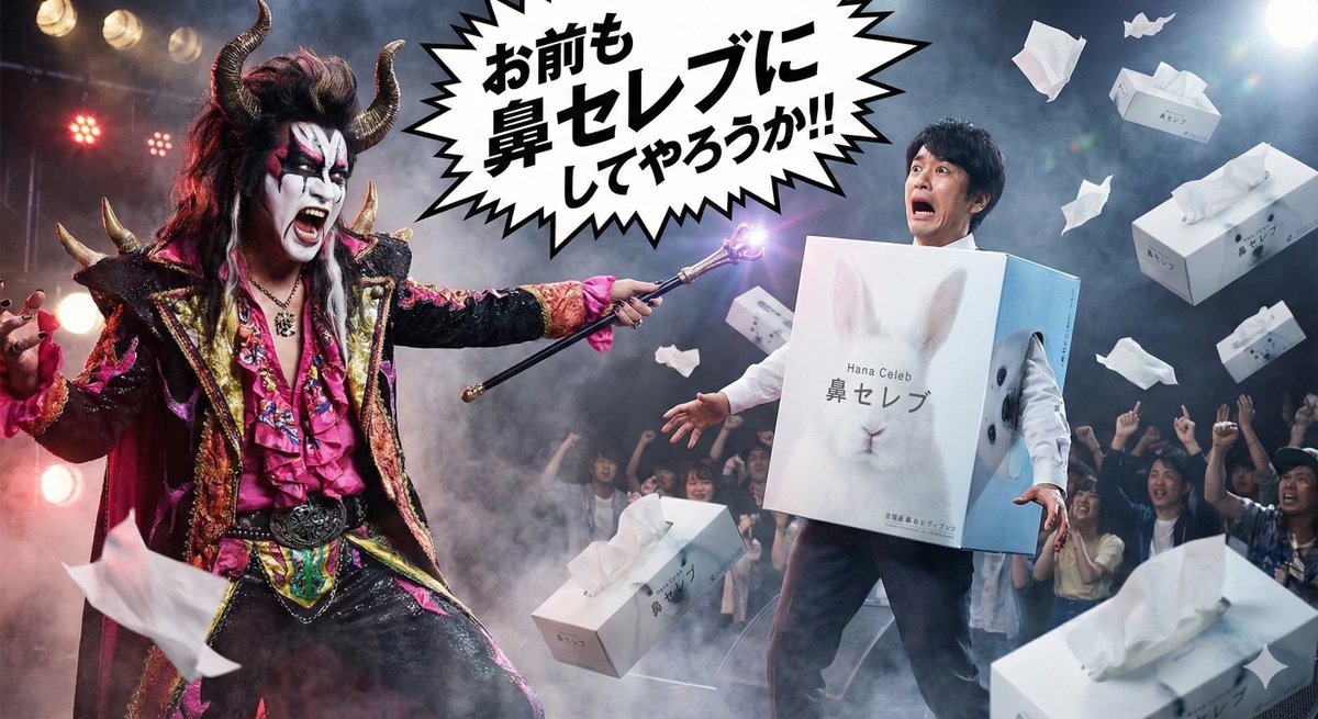 KoeLoopDev's tweet image. レビュー動画作りの息抜きに、ふと、そういえば、たしか「写真で一言ボケて」かなにかでみた、お前も鼻セレブにしてやろうか？というネタに、とても笑ったのを思い出したので、nano bananaに生成させてみた。
聖飢魔II 感ヤバい（笑）

プロンプト↓↓
---
お前も鼻セレブにしてやろうか！！…