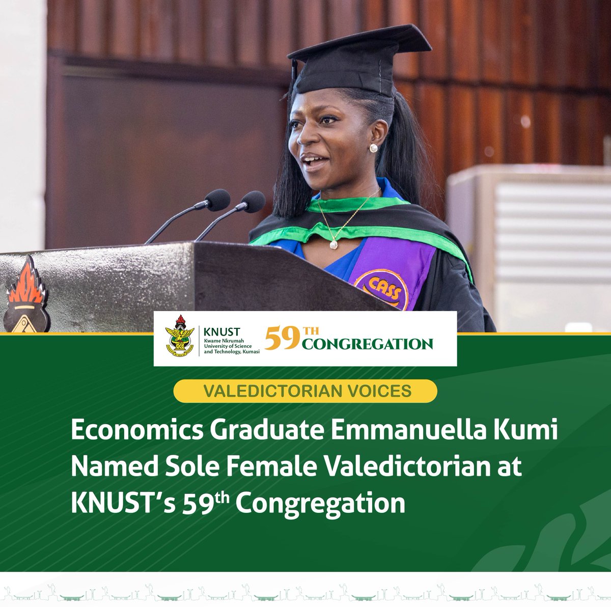 KNUSTGH's tweet image. With late nights of study, strict discipline and what she calls a “progressive mindset,” Emmanuella Kumi has emerged as the Valedictorian of the College of Humanities and Social Sciences, graduating with a CWA of 86.42. She completes her BA in Economics as the only female…