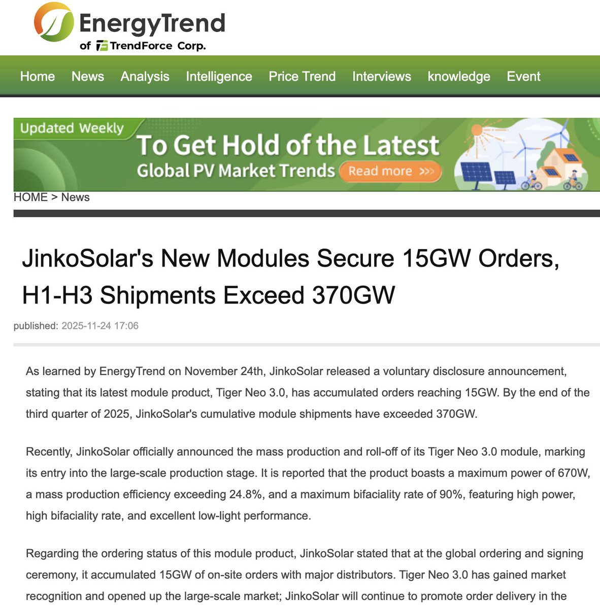 Trendforce_CS's tweet image. JinkoSolar&apos;s New Modules Secure 15GW Orders, H1-H3 Shipments Exceed 370GW

#energytrend #JinkoSolar #modules
