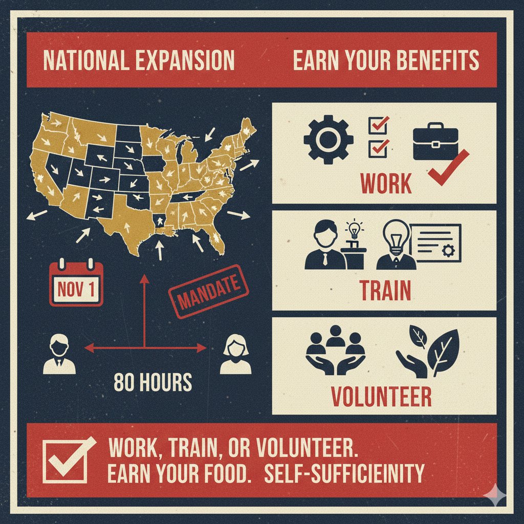 CheckMedicaid's tweet image. SNAP Work Requirements expand nationwide starting November 1, mandating able-bodied adults and some parents to work, train, or volunteer 80 hours monthly to keep their full benefits.

 #SNAP #WorkRequirements #WelfareReform #SelfSufficiency