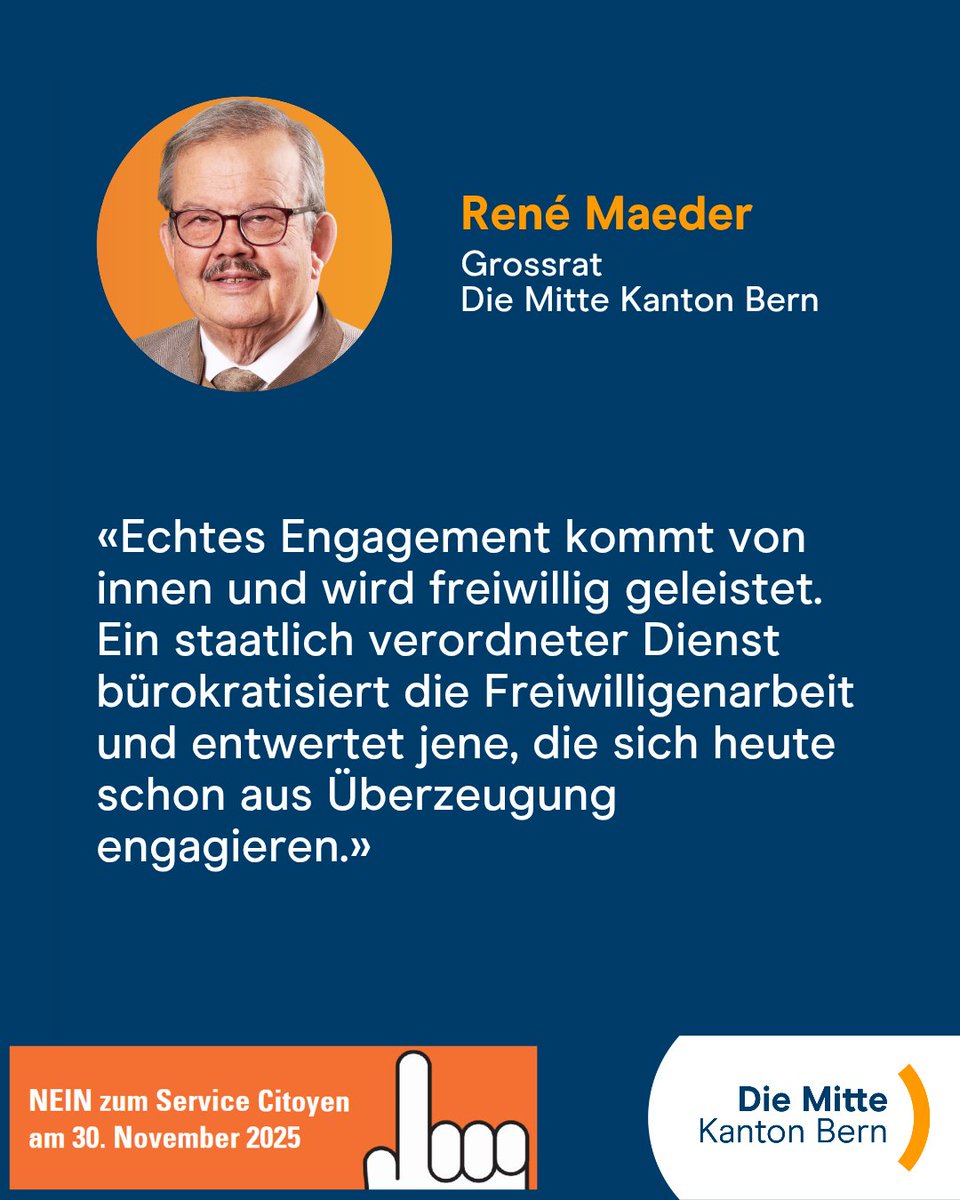Unser Grossrat René Maeder lehnt die Service Citoyen Initiative am 30. November klar ab.

#DieMitteBE #Abst25 #ServiceCitoyen #Bürgerdienst #Sicherheit