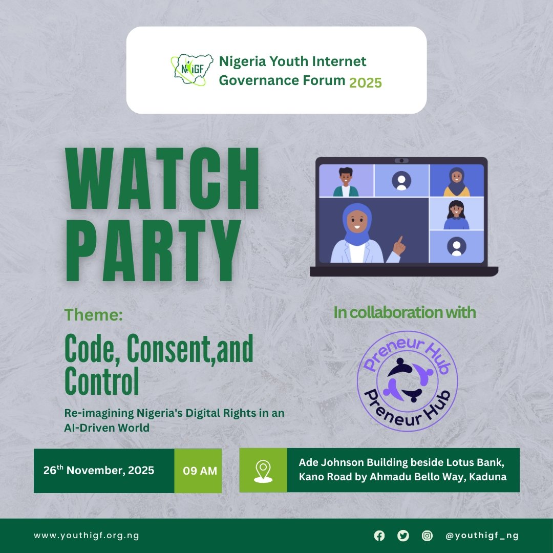 Preneur Hub in Kaduna, will is an official NYIGF 2025 Partner Hub!

If you can’t make it to Abuja, just show up at the hub located at Ade Johnson Building beside Lotus Bank, Kano Road by Ahmadu Bello Way, and connect with others, live!

Register here: ti.to/nyigf/2025