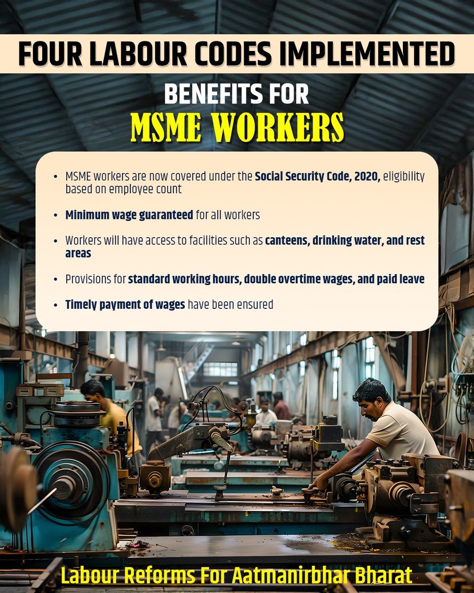 airnewsalerts's tweet image. 𝐋𝐚𝐛𝐨𝐮𝐫 𝐂𝐨𝐝𝐞𝐬 𝐟𝐨𝐫 𝐚 𝐬𝐞𝐥𝐟-𝐫𝐞𝐥𝐢𝐚𝐧𝐭 𝐈𝐧𝐝𝐢𝐚

Benefits for Textile workers, Plantation workers, MSME workers, Mines workers.

#ShramevJayate | #श्रमेव_जयते | #LabourCodes