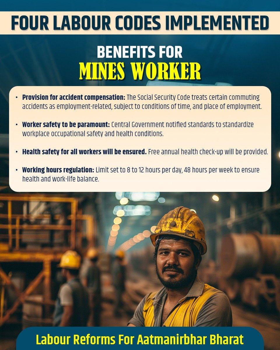 airnewsalerts's tweet image. 𝐋𝐚𝐛𝐨𝐮𝐫 𝐂𝐨𝐝𝐞𝐬 𝐟𝐨𝐫 𝐚 𝐬𝐞𝐥𝐟-𝐫𝐞𝐥𝐢𝐚𝐧𝐭 𝐈𝐧𝐝𝐢𝐚

Benefits for Textile workers, Plantation workers, MSME workers, Mines workers.

#ShramevJayate | #श्रमेव_जयते | #LabourCodes