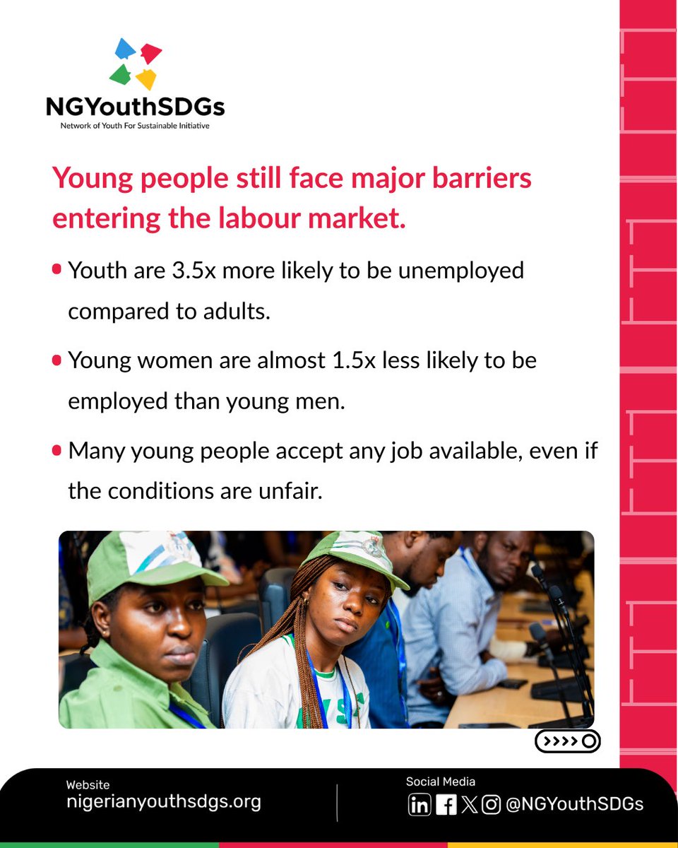 NGYouthSDGs's tweet image. Young Nigerians deserve dignity, safety, and fairness at work not exploitation.

Too many young people face low pay, unsafe jobs, and limited opportunities. But with the right policies, protections, and youth voices at the table, we can change this.

#NGYouthSDGs #DecentWork