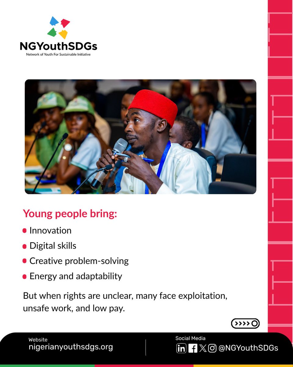 NGYouthSDGs's tweet image. Young Nigerians deserve dignity, safety, and fairness at work not exploitation.

Too many young people face low pay, unsafe jobs, and limited opportunities. But with the right policies, protections, and youth voices at the table, we can change this.

#NGYouthSDGs #DecentWork