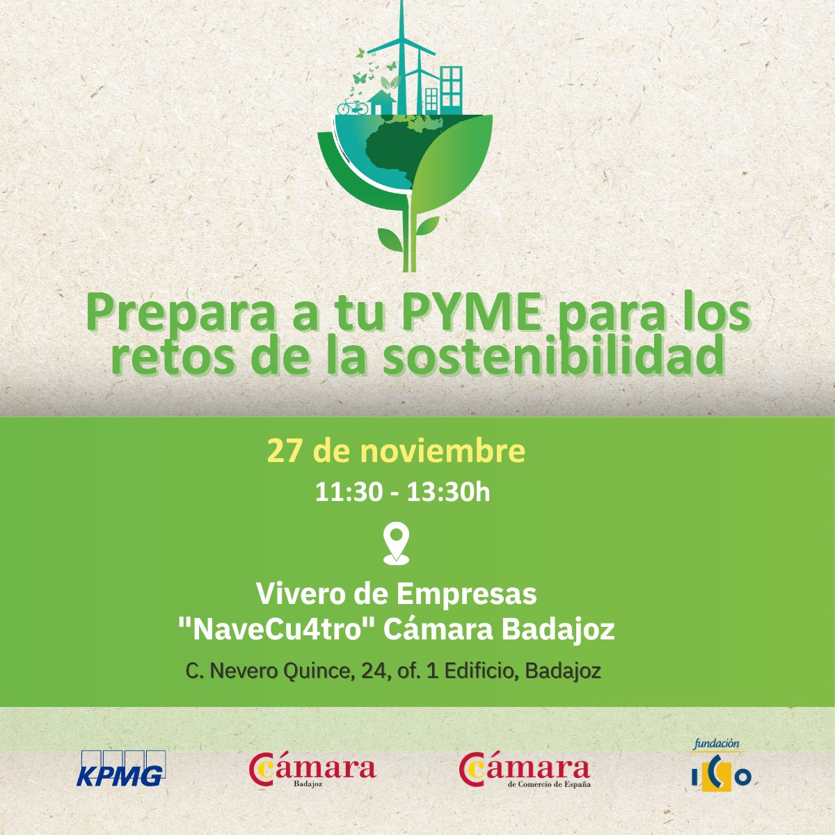 FundacionICO's tweet image. ¡Nuevo encuentro para #pymes!

La @CamaradeBadajoz acogerá la jornada “Prepara a tu pyme para los retos de la sostenibilidad”, para impulsar una transformación empresarial responsable y preparada para los retos del futuro.

🗓️27 de noviembre 
→Inscríbete: camarabadajoz.es/escuela-negoci…