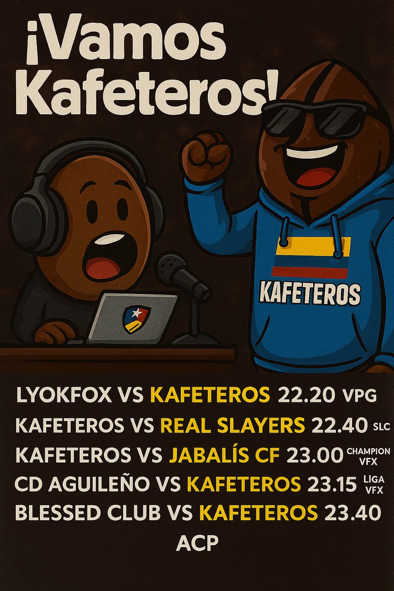 La jornada KAFETERA de hoy 
@LigaACP 
<a href="/SLC_Spain/">Super League Clubs</a> 
<a href="/VPG_Spain/">Virtual Pro Gaming España</a> 
<a href="/LyokFoxEAFCPS5/">LyokFox eSports</a> 
<a href="/BlessedClubPRO/">Blessed Club 🇪🇦</a> 
<a href="/JABALISCF/">JABALIS CF</a> 
<a href="/RealSlayers_/">Real Slayers</a> 
#CDAguileño