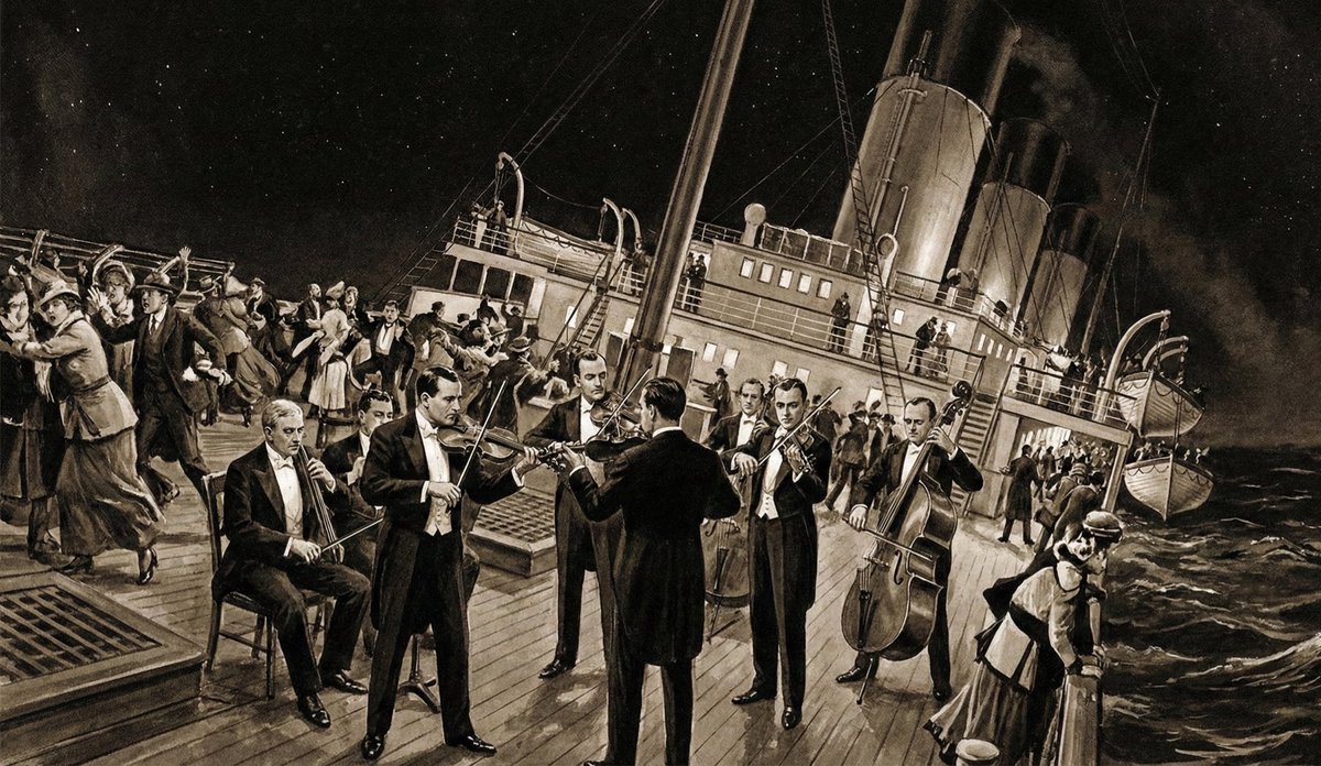MuverrihBeyy's tweet image. 15 Nisan 1912. Titanic buzdağına çarpmış, gövde su alıyor. Rapor net: &quot;Batıyoruz.&quot;

Ama talimat kesindir: &quot;Orkestra çalsın, panik çıkmasın.&quot;

Gemi buzlu sulara gömülürken, güvertede neşeli valsler yankılanıyordu.

Müziğin sesi, gerçeği değiştirmez. 🎻

#Tarih #Titanik #Algı