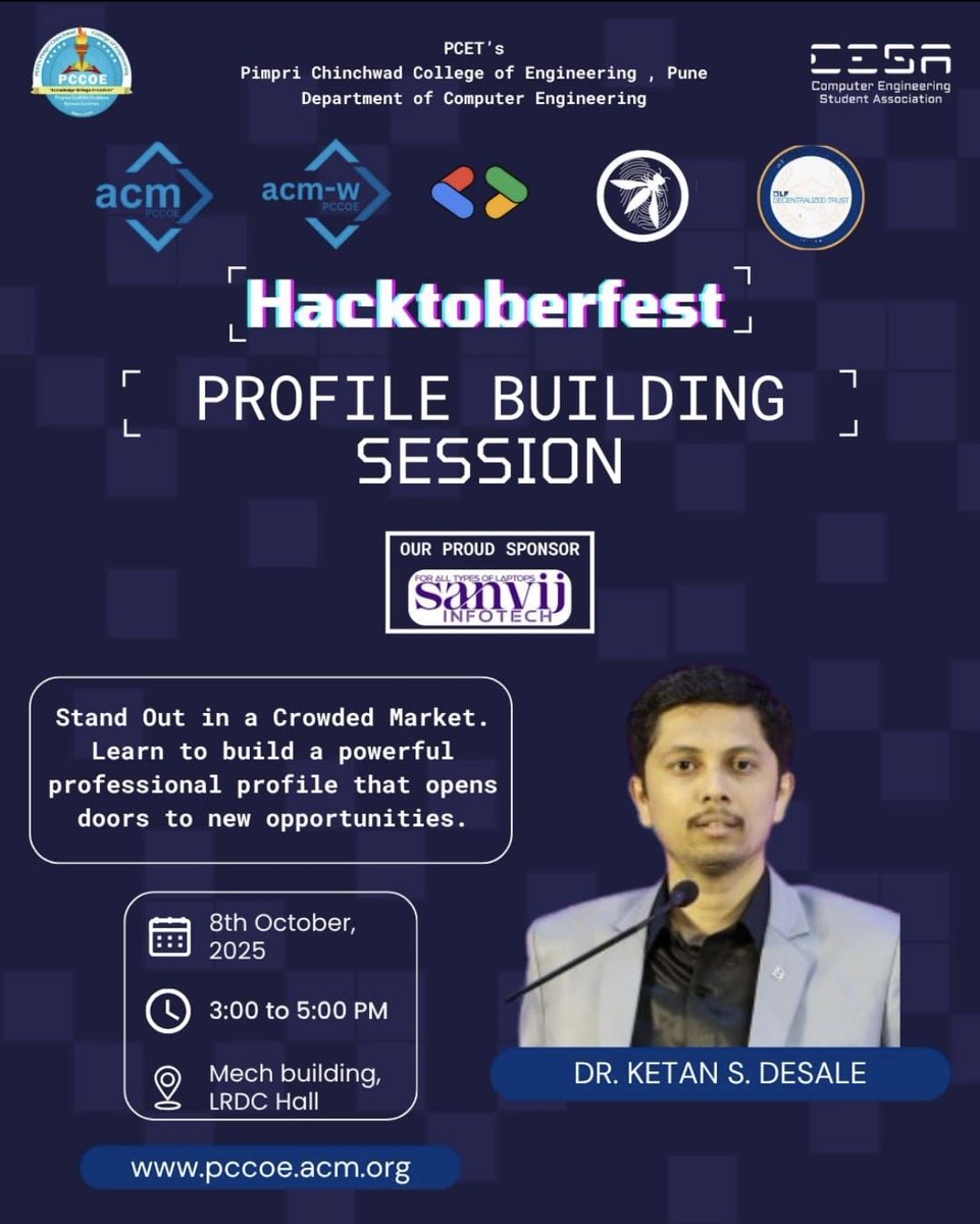 pccoeacm's tweet image. ✨ Greetings from Team CESA-SDW PCCoE ACM Student Chapter! ✨
🚀 Join Hacktoberfest: Profile Building Session to craft a standout professional profile and take a step toward your dream career! 🌟 #PCCOEACM