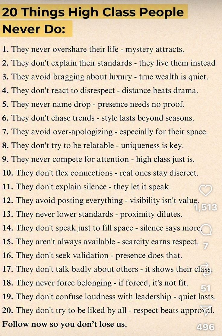 UpliftUnwind's tweet image. 20 Things High Class People Never Do: