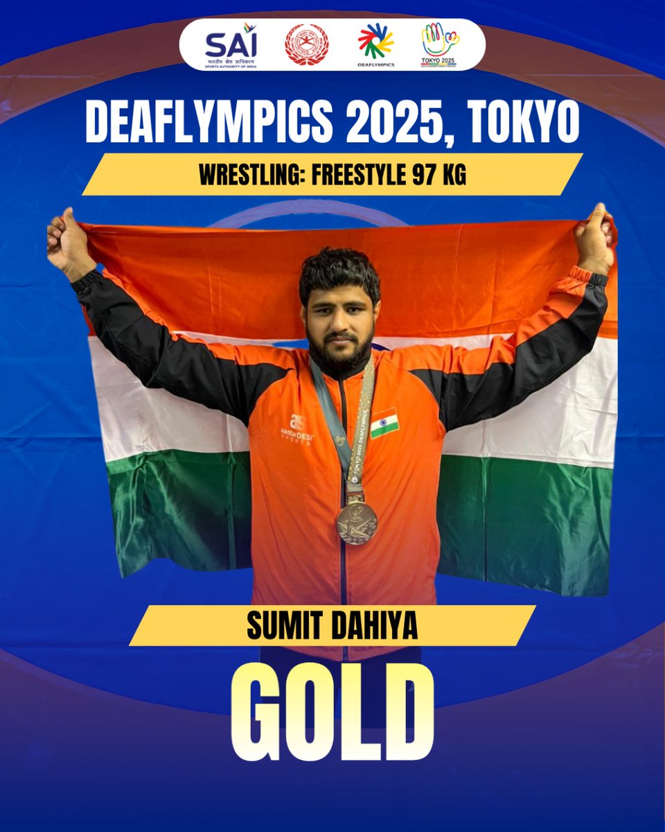 Media_SAI's tweet image. Sumit Dahiya shines once again on the world stage! 🥇

With an outstanding performance in the Freestyle 97kg category, Sumit clinches the Gold at Deaflympics 2025, Tokyo.

Sumit has set a new benchmark in Deaflympic wrestling, making India proud with yet another golden chapter in…