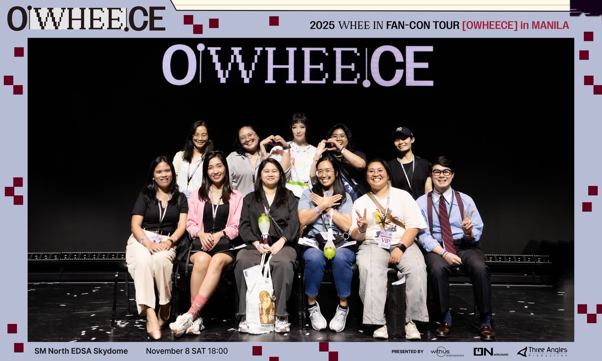 📸 NEW FILES DETECTED! Manila Branch: Group Photos with CEO Whee In out now!

The official group photos from The 2025 Whee In FAN-CON TOUR [OWHEECE] in MANILA are now here. Revisit the moment you stood proudly beside CEO Whee In! These photos capture the smiles and memories that