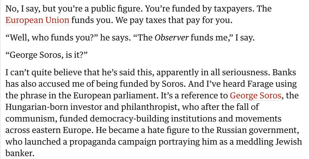 carolecadwalla's tweet image. This is from 2018 when I flew all the way to Australia to ask Nigel Farage the very simple questions no-one in the UK media was asking him. 

He accused me of being &apos;funded by Soros&apos;, one of the &apos;anti-semitic tropes&apos; that 7 years later (!) people are now paying attention to
2/