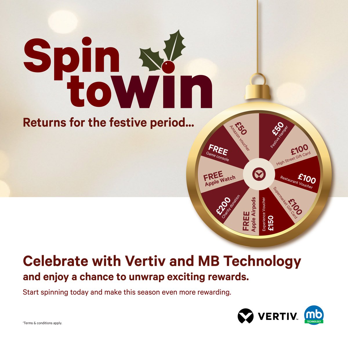 MBTech_UK's tweet image. 🎁 Ready to unwrap something special?

Your next Vertiv order could unlock festive prizes - from gift cards &amp;amp; experience vouchers to an Apple Watch or even a games console! 🎯

🛒 Don’t miss out - spin to win now : ow.ly/ceRz50XuJN6

T&amp;amp;Cs apply.

#MagicMonday #TechRewards