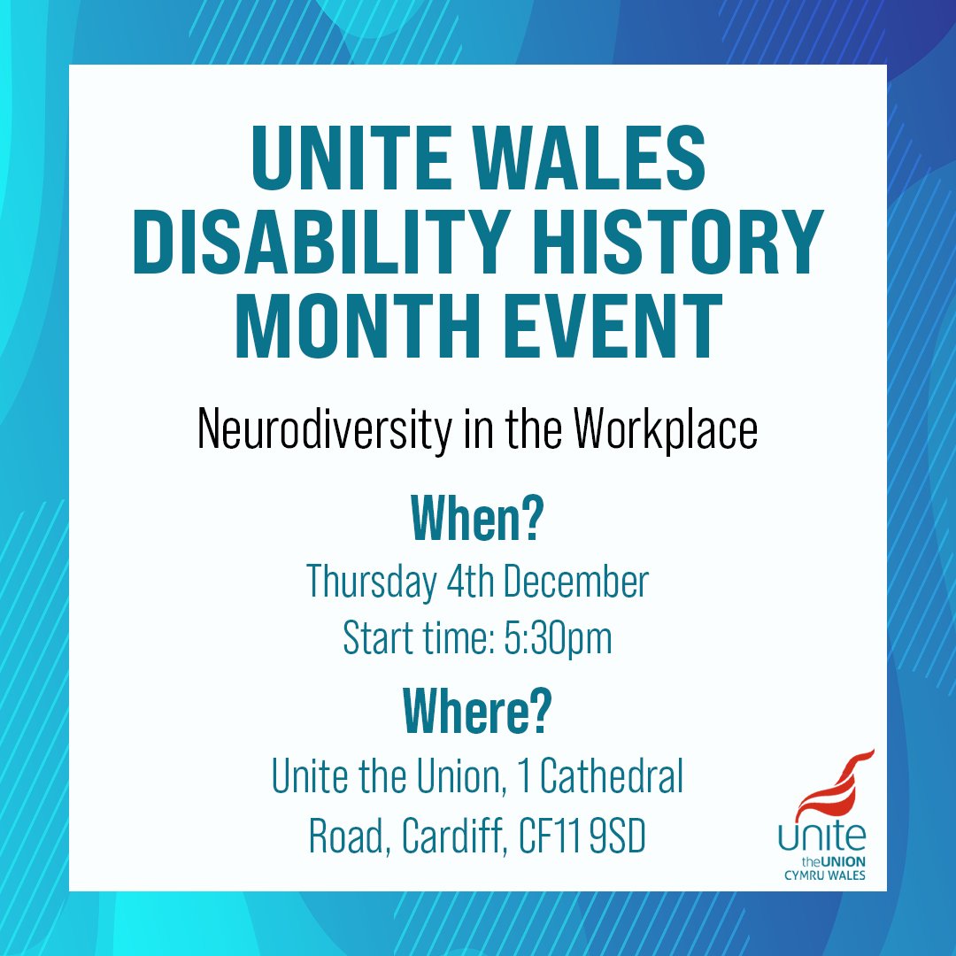 This Disability History Month, we’re celebrating Neurodiversity in the Workplace!

Join us in Cardiff for an inspiring event on Thursday 4th December.

For more info and to book a place please email - equalities.wales@unitetheunion.org - or drop us a DM

#DisabilityHistoryMonth