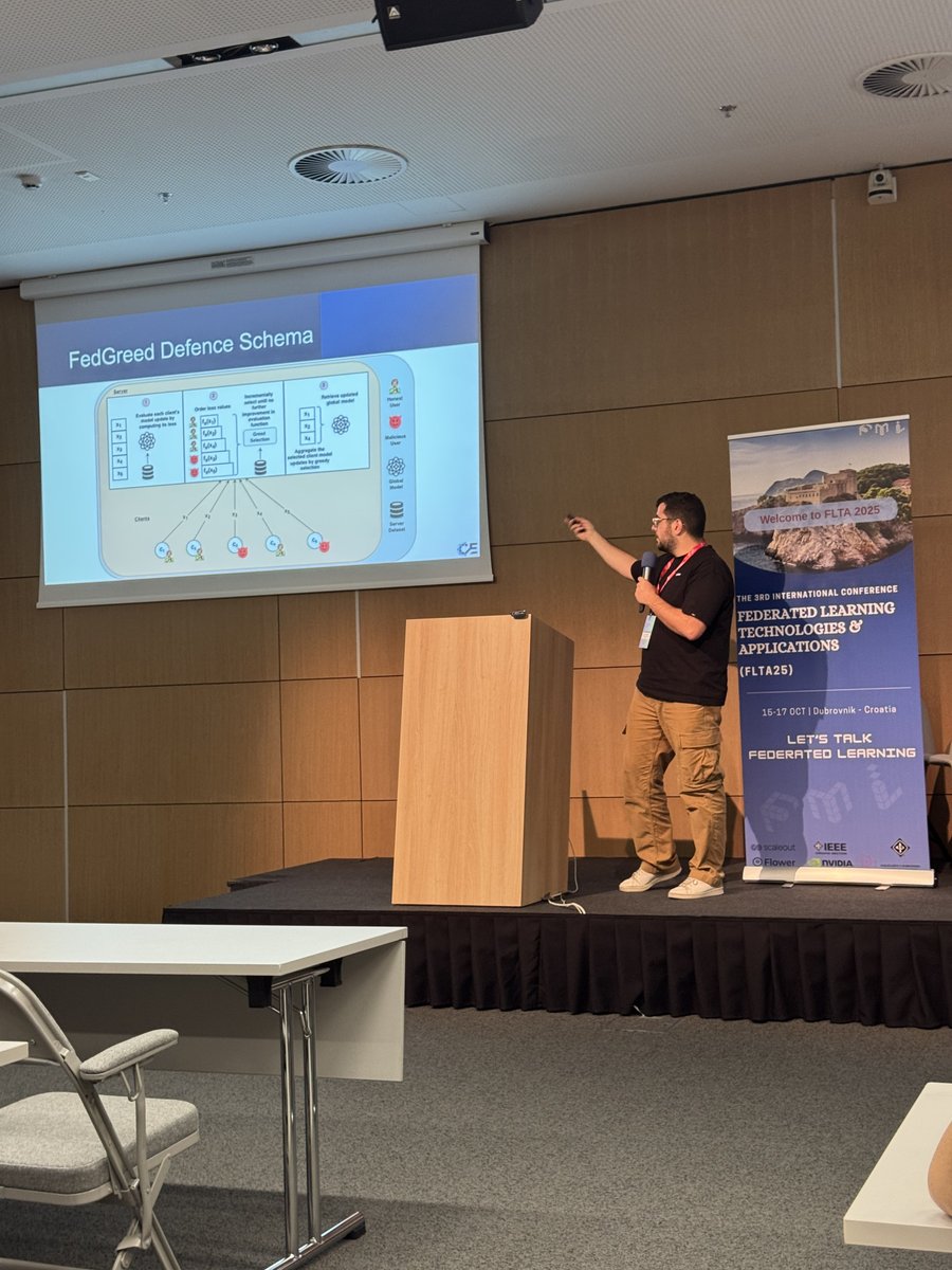coevolution_eu's tweet image. ICCS presented FedGreed at IEEE FLTA25 (Dubrovnik, 2025) — a Byzantine-robust loss-based aggregation for Federated Learning. Achieves strong resilience to adversarial attacks and outperforms robust baselines under non-IID settings. #FLTA25 #FederatedLearning